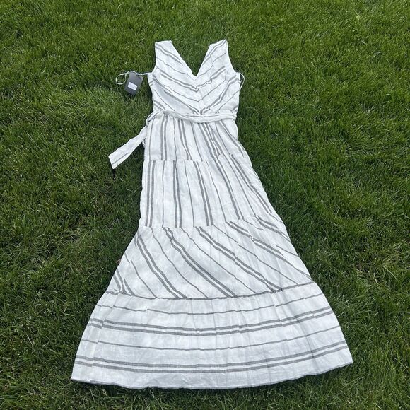 DKNY  Donna Karan Linen Stripe V-Neck Sleeveless Tie Waist Maxi Dress NWT size 2 - Picture 7 of 11